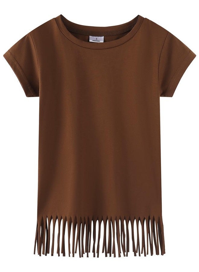 Noomelfish Girls Short Sleeve Fringe T-Shirts Soft Jersey Cotton Tee Tops, Rust Brown, Size 11-12 Years - Image 1